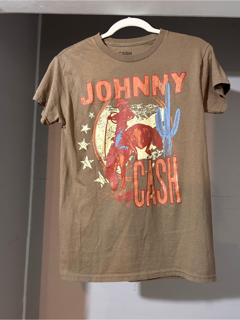Ash Brown Johnny Cash Graphic Tee with Red and Blue Accents